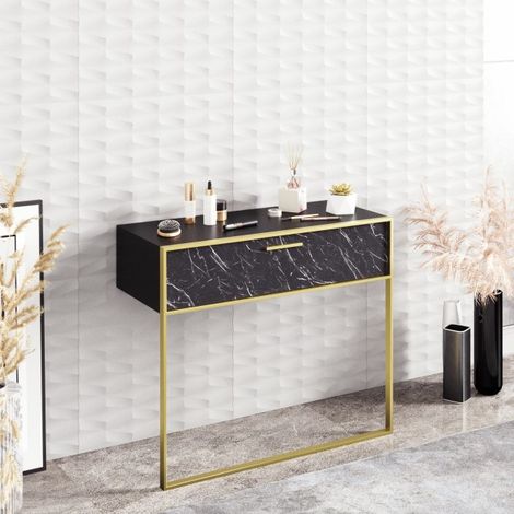 Azura Home Design – Console POLKA 90 cm noir effet marbre – Tiroir basculant spacieux – Structure en métal doré – Dimensions 90x38,5x77 cm (1/5)