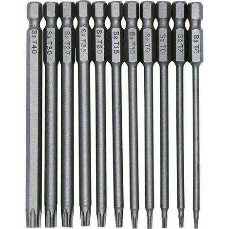 11 Embouts Torx Magnétiques de Précision S2 100 mm Tête Longue T6 à T40 pour Manche 1/4″ (1/4)