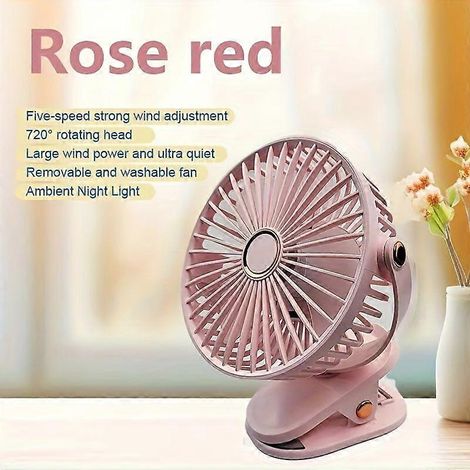 Ventilador portátil con clip, recargable por USB, silencioso, de 5 velocidades, con pinza resistente, ideal para coche, oficina, camping y viajes. (1/5)