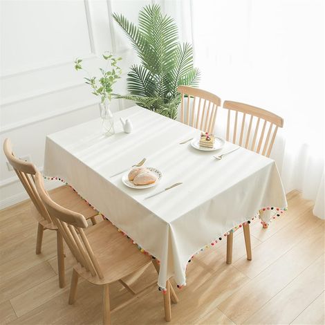 Mantel blanco de algodón y lino con ribete de pompones de colores, rectangular, de color liso, para decoración de mesa, 140 × 180 cm. (1/5)