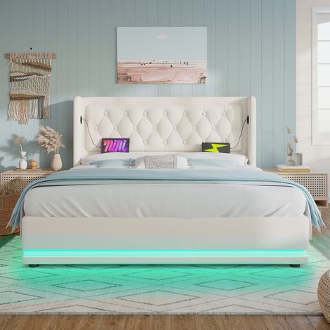 Lit coffre double 140x200 cm en similicuir blanc avec tête de lit capitonnée, LED 3 côtés et port USB Type-C (sans matelas) (1/5)