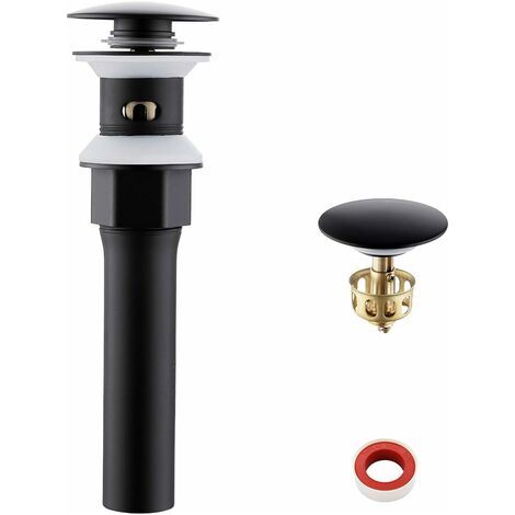 Bonde de lavabo noire avec trop-plein, bonde universelle de salle de bain à fermeture clic-clac, panier inclus pour un égouttage facile (1/4)