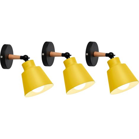 3x Wandleuchte Holz, Moderne Wandlampe Innen mit Metall Lampenschirm, Wandstrahler Art Licht Decor für Wohnzimmer Schlafzimmer (Gelb)