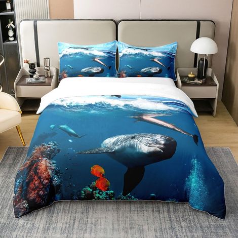100% Coton Housse de Couette 140x200cm Dauphin Parure de Lit Requins Marins Parure de Lit Enfants garçons Filles thème Marin Literie Set Aquatic Animaux Ensemble de Literie - 140 x 200 cm + 1 taie d'o (1/5)