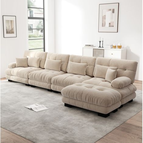 Divano angolare modulare a L in chenille beige chiaro con pouf mobile, 4 posti, OKWISH (1/5)