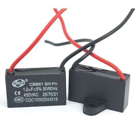 Lot de 2 condensateurs CBB61 1.5uF 450V AC 50/60Hz – Longueur câble 95mm – Pour ventilateurs de plafond et climatiseurs - Condensateur1 (1/3)