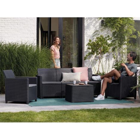 SALOTTO RESINA 3 POSTI GRAFITE KETER EMMA LOUNGE SET 4PZ C/CUSCINO