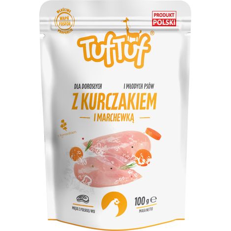 Cibo umido per cani TufTuf Pollo con Carote, bustina da 100 g, carne in scatola.