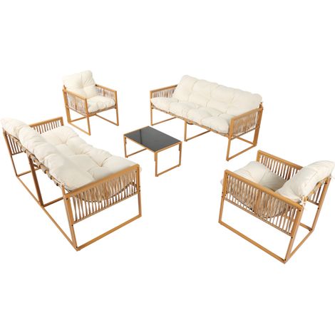 Mueble de jardín de 8 plazas efecto ratán con cojines blancos TURINI