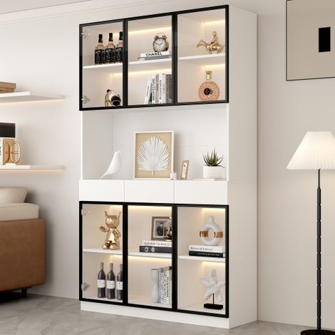 Vitrine mit 6 Glastüren und 3 Schubladen – 120 x 36 x 200 cm – LED-Beleuchtung – Spanplatte – Weiß