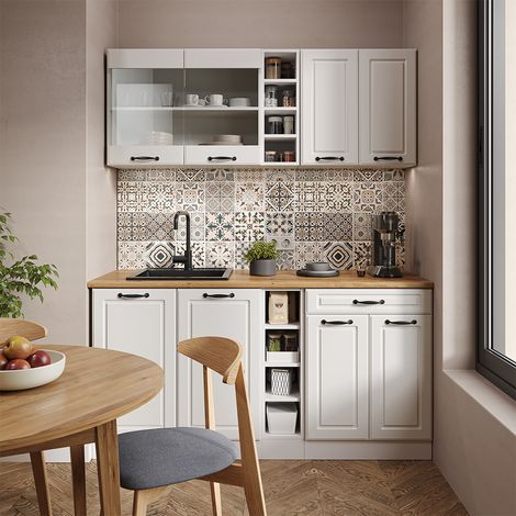 Cocina para solteros R-Line, Casa de campo blanca/blanca, 160 cm , ET Mármol, Vicco