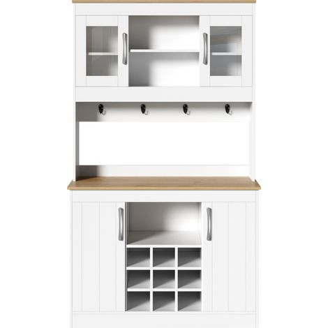 Aparador de cocina con vitrina 106 x 39 x 175 cm blanco y efecto madera (1/5)