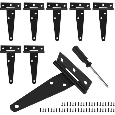 Lot de 8 charnières pliables en T de 100 mm avec tournevis et 48 vis de fixation, noires, pour portes d'abri, portes de jardin, fenêtres (1/5)