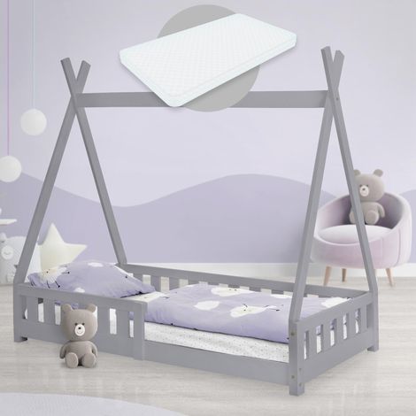 ML-Design Cama Infantil Tipi Gris Claro + Colchón 80x160 cm, Protección Anticaída y Somier Estructura Listones Madera Maciza de Pino para Niño Forma de Casa con Reja Cama Juvenil Juego Lecho de Suelo (1/5)