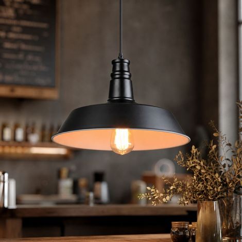 Suspension industrielle en fer noir style rétro couvercle, réglable 100cm, E27, diamètre 26cm pour bar restaurant café (1/4)