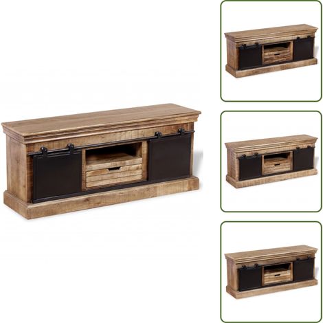 Meuble TV avec 2 portes coulissantes Bois de manguier massif - Meuble Tv Industriel - Meuble Tv Vintage - Meuble Tv Rustique - Rangement Mural - Console Tv (1/5)
