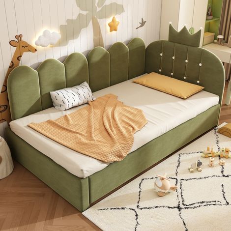 Tagesbett 90x200 cm grün aus Samt mit Ausziehbett und Kronen-Design (1/5)