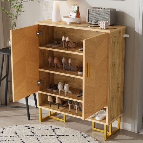 Meuble à chaussures moderne et minimaliste  Veinage unique du bois  Structure en fer doré  Meuble de rangement à deux portes  Meuble à chaussures fin  Étagère et rangement à bascule  Couloir et entrée