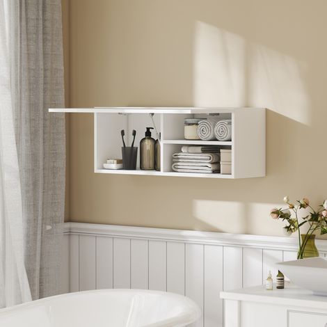 Meuble de salle de bain mural avec porte rabattable, vérin à gaz, étagère, 80 x 25 x 30 cm, blanc (1/5)