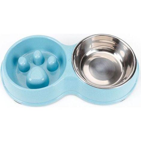 Blue Double Pet Feeder, Slow Feeder, Interactive Pet Feeder, Stainless Steel, Non-Slip, (1/4)