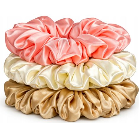 JUEGO DE 3 GOMAS PARA EL CABELLO, banda elástica de satén de 13 cm, ROSA, CRUDO, BEIGE (1/5)