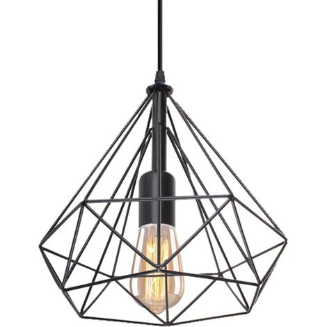 Industrial Pendant Light E27 Hanging Lights  Metal Geometric Cage Lampshade Ø25cm Black Ceiling Light Fitting for Living Room
