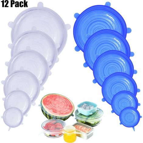 Silicone Stretch Lids, 12 Pack Reuseable Silicone Stretch Seal lids, BPA Free and Expandable to Fit Various Shape of Containers, Dishes, Bowls, Safe in Dishwasher, Microwave and Freezer