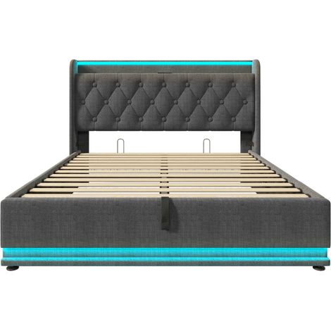 Lit coffre 160x200 cm en lin gris avec LED 360°, sommier à lattes inclus et tête de lit avec USB/Type-C (1/5)