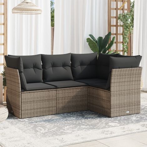 Ensemble de salon de jardin 4 places en résine tressée gris avec coussins Modèle lounge + pieds ajustables (1/3)