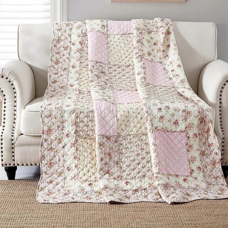Rosa Patchwork-Tagesdecke, ideal für ein Einzelbett, aus Baumwolle mit Blumenmuster. Geeignet für Mädchen. Kann auch als Sofabezug oder Tagesdecke verwendet werden. Maße: 150 x 200 cm. (1/5)