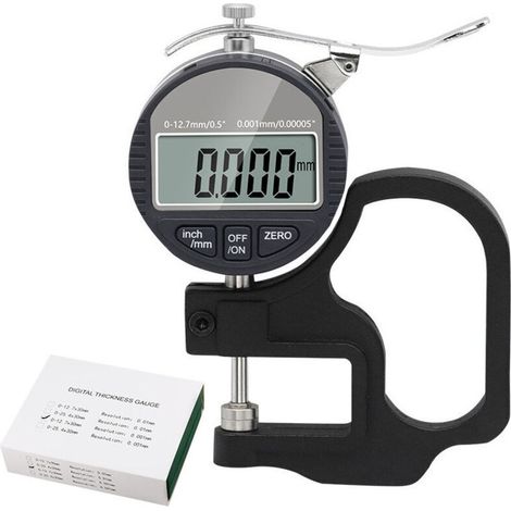 Digital micrometer, thickness range 0–12.7 mm, accuracy 0.01 mm, for leather, paper, plastic and metal – backlit LCD screen