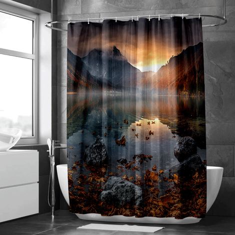 Rideau de douche motif forêt tropicale et cascade, tissu salle de bain imperméable, 180x180 cm (1/5)