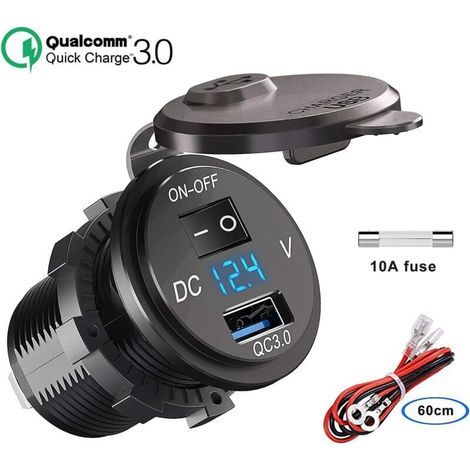 QC 3.0 prise USB voiture 12V / 24V, chargeur de voiture Quick Charge 3.0 prise intégrée adaptateur allume-cigare étanche avec du voltmètre LED pour moto bateau camion caravane ATV, (1/4)