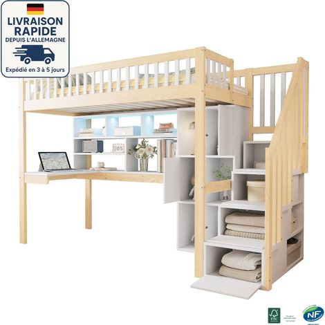 MODFU - Letto 90×200cm - Letto a soppalco in legno per bambini 90×200cm con scrivania e contenitore, LED, anticaduta, senza materasso, bianco+naturale (1/5)