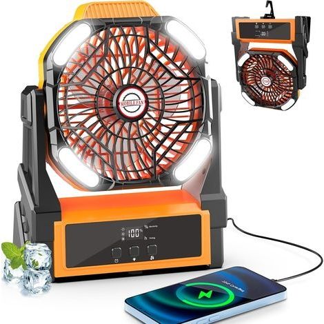 Ventilateur Batterie pour Camping 20000mAh, Puissant Silencieux avec Lumière LED et Crochet 4 Vitesses Réglables, Ventilateur USB sans fil portable rechargeable pour Tente Extérieur Bureau (1/5)