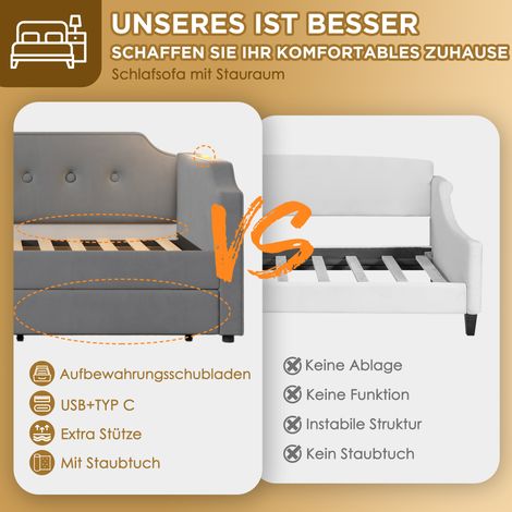 Canapé-lit capitonné 90x200 cm, convertible avec éclairage USB-C, rangement 2 tiroirs, cadre en bois latté, velours gris, pour enfant ou ado, sans matelas (1/5)