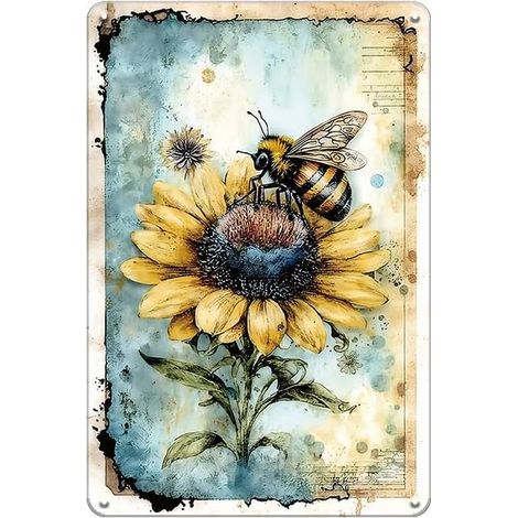 Plaques métalliques de jardin pour l'extérieur - Plaque vintage d'abeille et de tournesol, Plaques extérieures pour le patio, la cour arrière, la ferme, le jardin, le porche 20x30 cm (1/5)