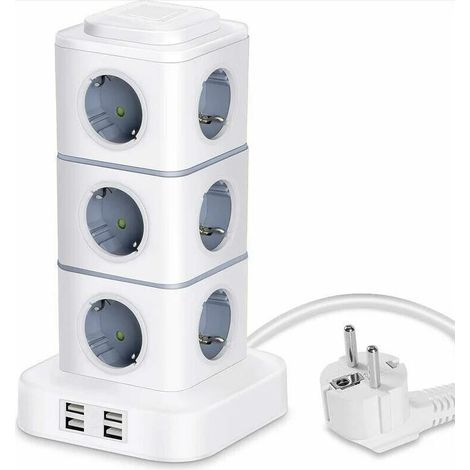 Multiprise,Tour Multiprise, 12 Prises Multiprise Electrique (2500W / 10A) avec 4 Ports USB, Multi Prises électriques Parafoudre Multiprise Verticale (1/5)