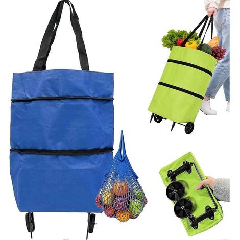 Chariot de courses pliable 2 en 1 à roulettes sac à provisions réutilisable chariot utilitaire de voyage bleu linge (1/5)