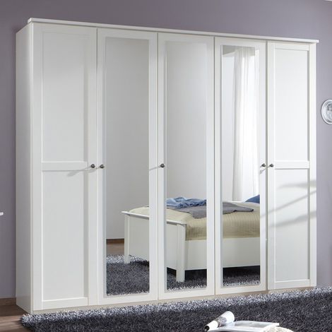 Pegane – Armoire penderie 5 portes battantes avec 3 miroirs – Dimensions 225 x 210 x 58 cm – Panneaux de particules – Coloris blanc (1/2)
