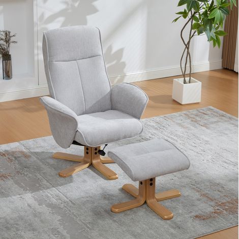 Sillón relax giratorio con reposapiés, respaldo reclinable 145°, en chenilla, base de madera maciza y metal, gris (1/5)