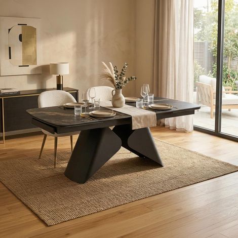 STACY Table à manger extensible en céramique couleur marbre noir pieds en métal 160-240 cm (1/5)