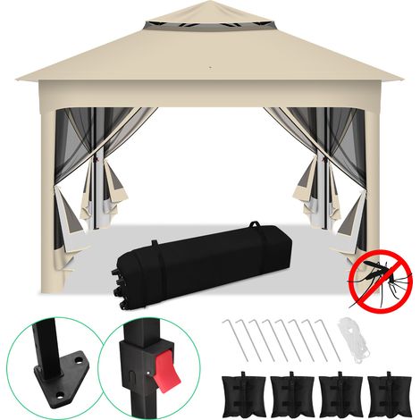 Wolketon Faltpavillon Pop-up 3,3×3,3 m Gartenpavillon Pavillon mit Moskitonetz & UV-Schutz – Schnellaufbau Sonnenschutz Pavillon mit doppelt belüftetem Dach, inkl. Tragetasche & Sandsäcke, Beige