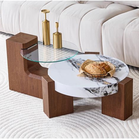 Table basse double séparables MDF noyer et verre trempé 61 cm HAVRYA (1/5)