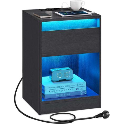 Mesilla de noche con regleta mesa auxiliar con luces LED regulables mesita de noche con cajón 2 enchufes 2 puertos USB moderna para dormitorio/salón color negro 120007661