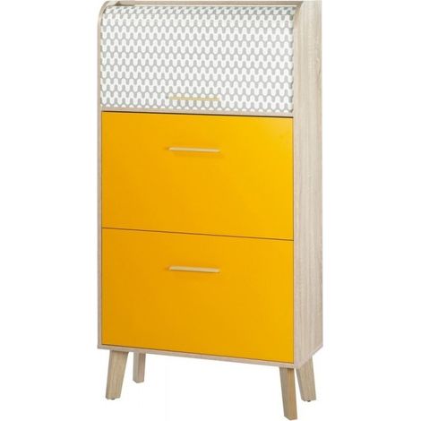 Meuble chaussure à rideau blanc imprimé 2 abattants orange et pieds naturels 18 paires Hippie (1/2)