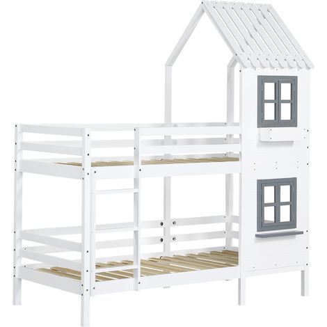 Litera infantil tipo cabaña 90x200 cm con ventana y escalera con pasamanos, blanca (1/5)