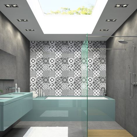 Adhésifs Carrelages Autocollant Nuances de Gris Carreaux de Ciment Carrelage Sticker Mural Salle de Bain et Cuisine 9 Pièces de 15 x 15 cm (1/4)