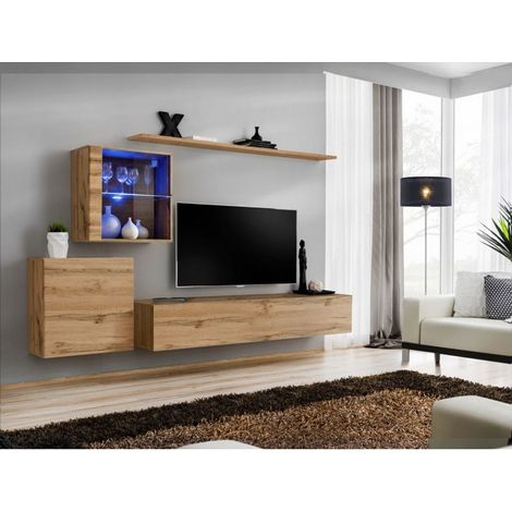 Ensemble mural - Switch XV - 2 vitrines - 1 banc TV - 2 étagères - Bois - Livraison gratuite