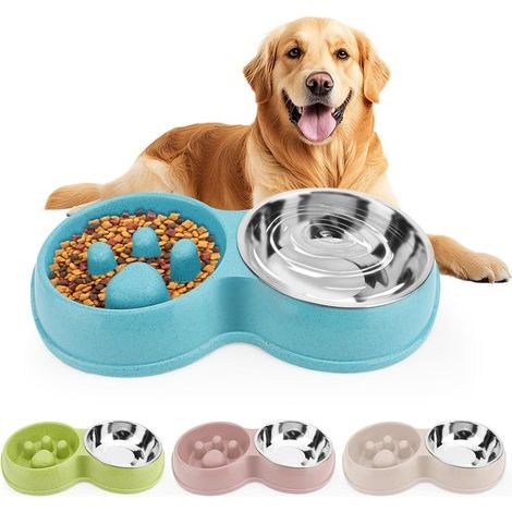 Slow-feeding pet bowl, straw licking bowl for dogs, jigsaw puzzle feeder for cats with stainless steel water bowl, blue (1/5)